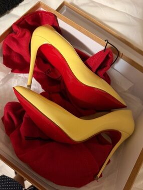 Christian Louboutin Yellow Patent Leather Stiletto Heels with Red Soles